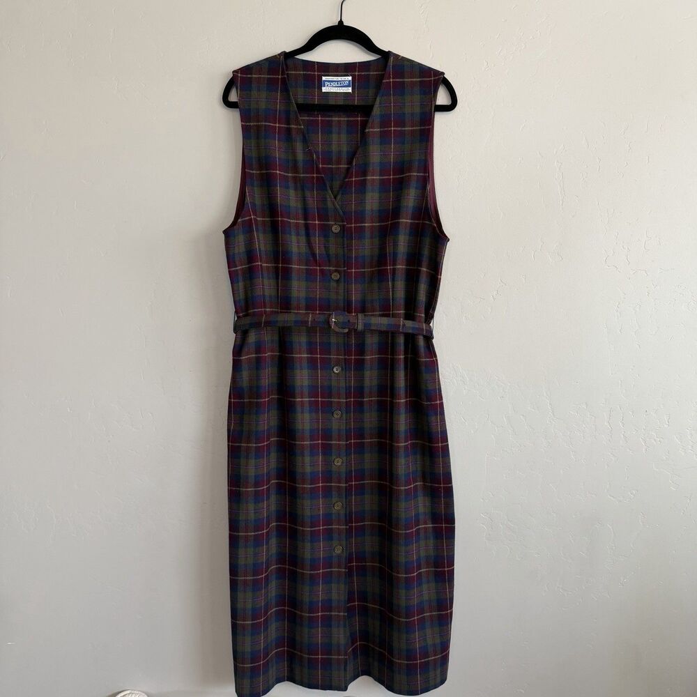 Vintage Pendleton 100% Virgin Wool Plaid Midi Dress with Self Belt Size M Flawed